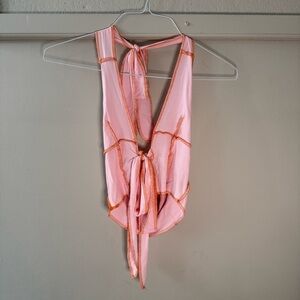 SHEIN Pink and Orange Stitch Halter Tank Top Tie Front